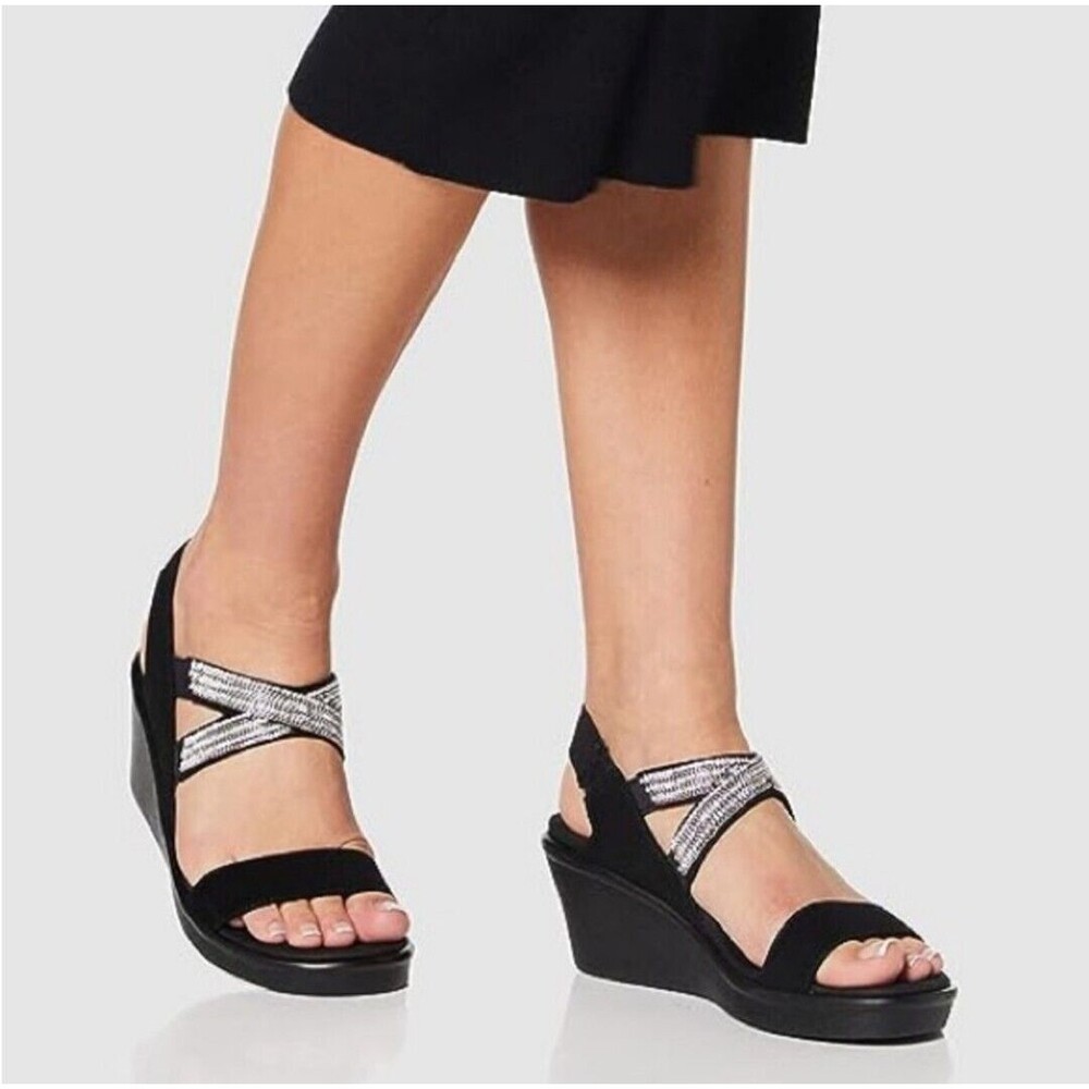 Skechers 33218W Rumble On Dreamy Days Rhinestones Black Sandals 3" Shoes Size 11
